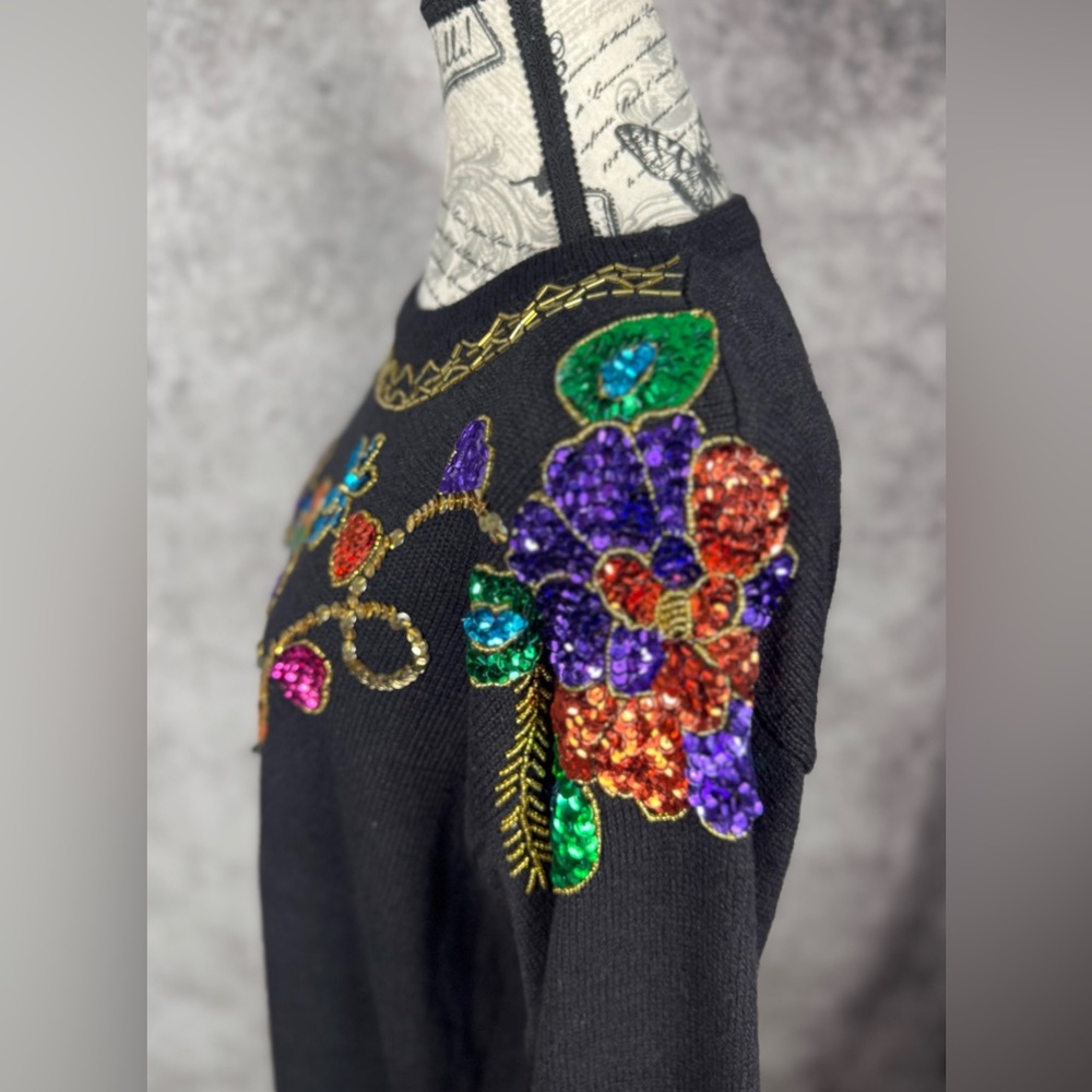 Vintage SML Sport Embellished Tunic Sweater M | Artwear Jewel Tone Beaded Floral - Picture 9 of 12